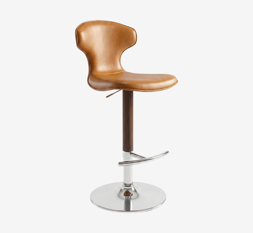 Mid-Century Modern Adjustable Swivel Bar Stool - Tan Leather Counter Stool with Walnut Wood Accent & Chrome Base - Ergonomic Padded High Chair for Kitchen Island & Home Bar