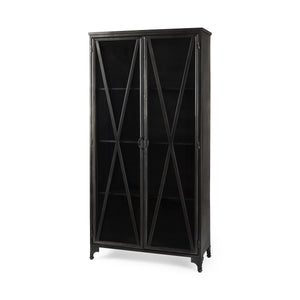 73.8" Industrial Black Metal Curio Cabinet with Glass Doors