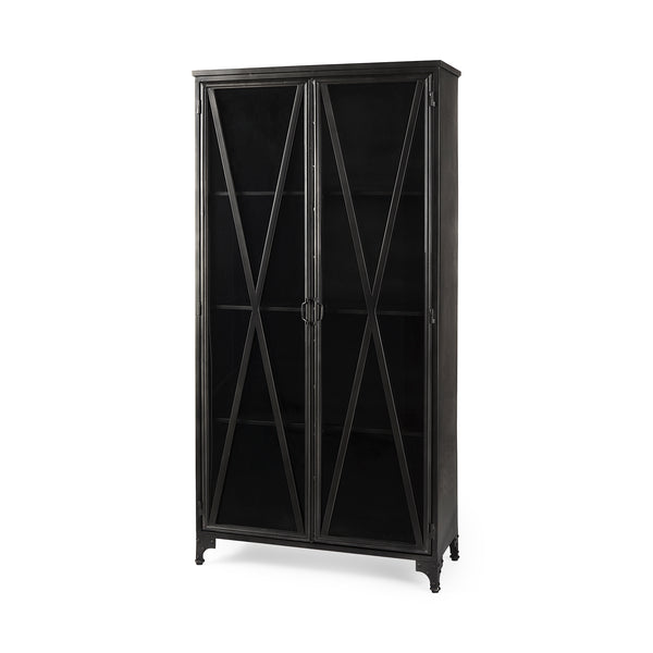 73.8" Industrial Black Metal Curio Cabinet with Glass Doors