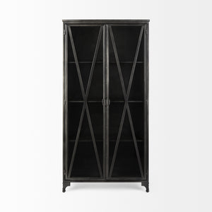 73.8" Industrial Black Metal Curio Cabinet with Glass Doors