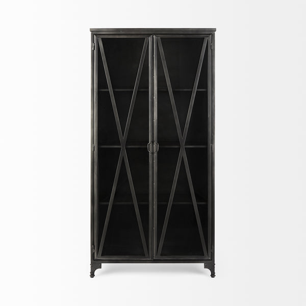 73.8" Industrial Black Metal Curio Cabinet with Glass Doors
