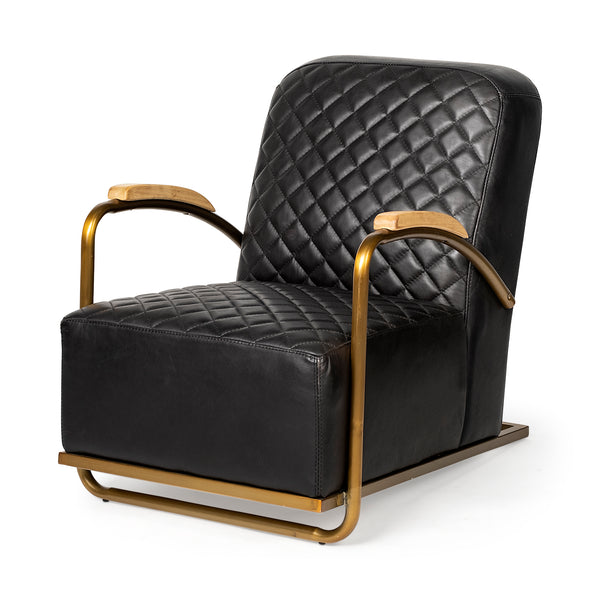 Art Deco Black Leather & Gold Iron Armchair | Diamond Tufted Club Chair