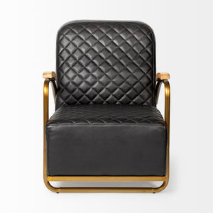 Art Deco Black Leather & Gold Iron Armchair | Diamond Tufted Club Chair