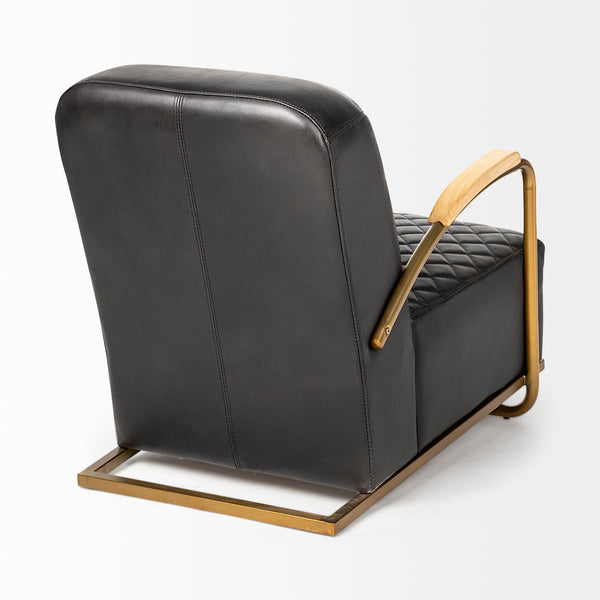 Art Deco Black Leather & Gold Iron Armchair | Diamond Tufted Club Chair