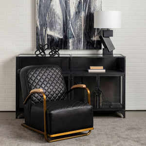 Art Deco Black Leather & Gold Iron Armchair | Diamond Tufted Club Chair