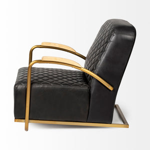 Art Deco Black Leather & Gold Iron Armchair | Diamond Tufted Club Chair