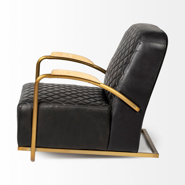 Art Deco Black Leather & Gold Iron Armchair | Diamond Tufted Club Chair