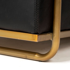 Art Deco Black Leather & Gold Iron Armchair | Diamond Tufted Club Chair