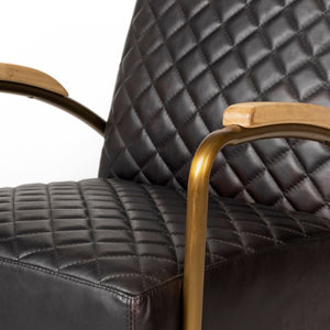 Art Deco Black Leather & Gold Iron Armchair | Diamond Tufted Club Chair