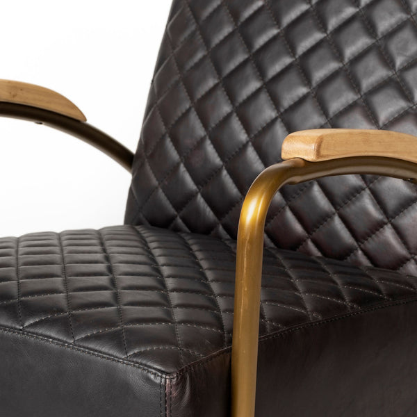 Art Deco Black Leather & Gold Iron Armchair | Diamond Tufted Club Chair