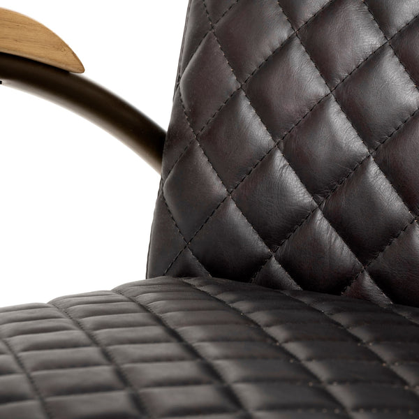Art Deco Black Leather & Gold Iron Armchair | Diamond Tufted Club Chair