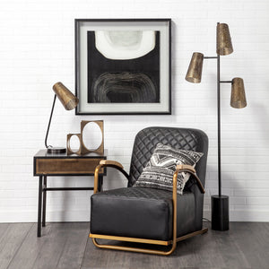 Art Deco Black Leather & Gold Iron Armchair | Diamond Tufted Club Chair