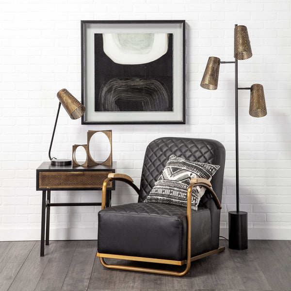 Art Deco Black Leather & Gold Iron Armchair | Diamond Tufted Club Chair