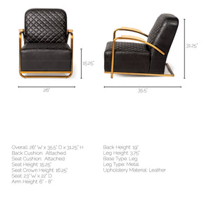 Art Deco Black Leather & Gold Iron Armchair | Diamond Tufted Club Chair