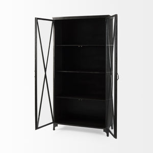73.8" Industrial Black Metal Curio Cabinet with Glass Doors