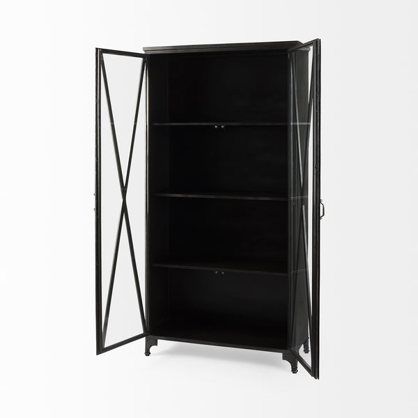 73.8" Industrial Black Metal Curio Cabinet with Glass Doors