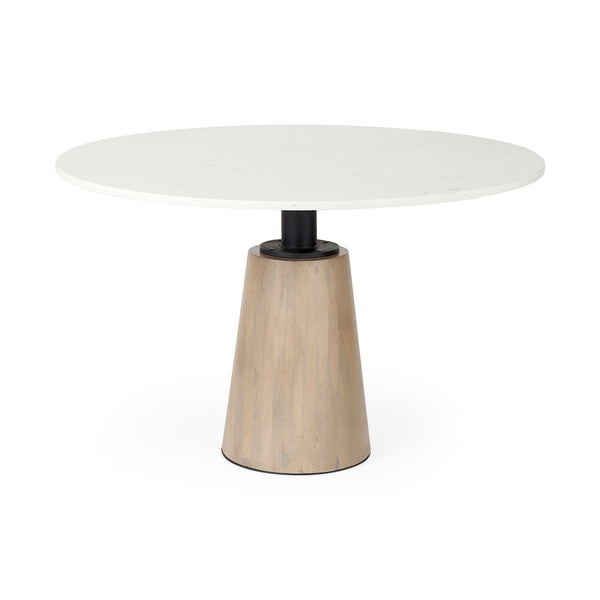 Maxwell 48" Round Pedestal Dining Table | White Marble & Light Brown Wood | Seats 4