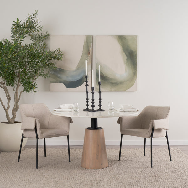 Maxwell 48" Round Pedestal Dining Table | White Marble & Light Brown Wood | Seats 4