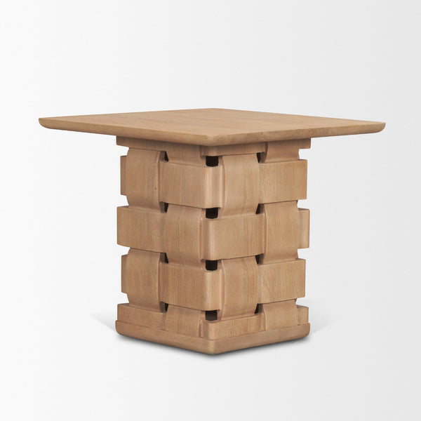 Trellyn Light Brown Wood w/ Carved Woven Base Square Accent Table
