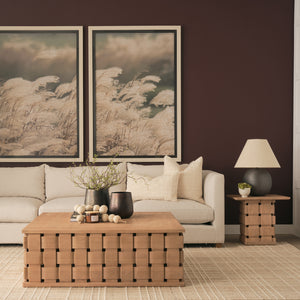 Trellyn Light Brown Wood w/ Carved Woven Base Square Accent Table