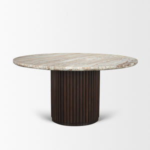 Marbrello 60" Round Dining Table | Pink Marble & Espresso Brown Wood | Seats 6