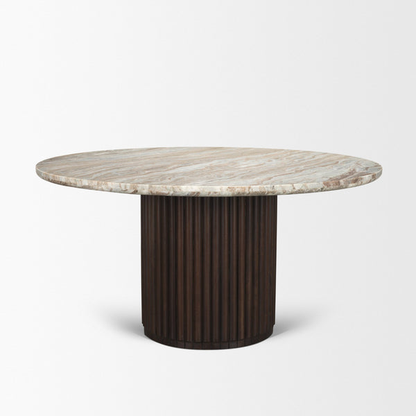 Marbrello 60" Round Dining Table | Pink Marble & Espresso Brown Wood | Seats 6