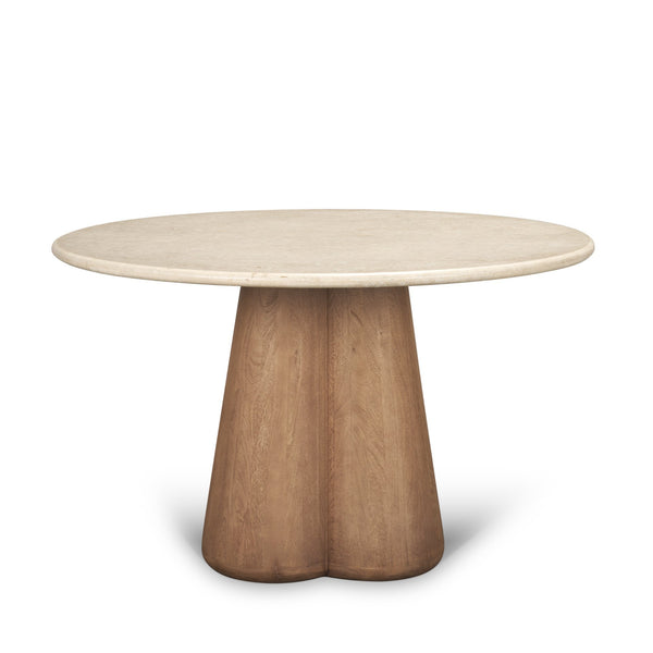 Marilyn 48" Round Pedestal Dining Table | Botticino Marble & Light Brown Wood | Seats 4