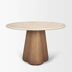 Marilyn 48" Round Pedestal Dining Table | Botticino Marble & Light Brown Wood | Seats 4
