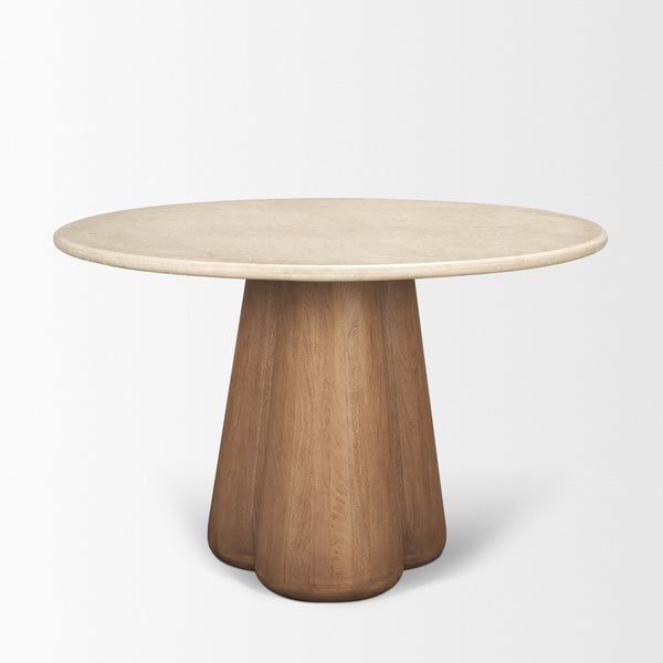 Marilyn 48" Round Pedestal Dining Table | Botticino Marble & Light Brown Wood | Seats 4