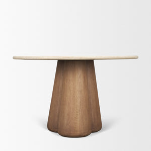 Marilyn 48" Round Pedestal Dining Table | Botticino Marble & Light Brown Wood | Seats 4