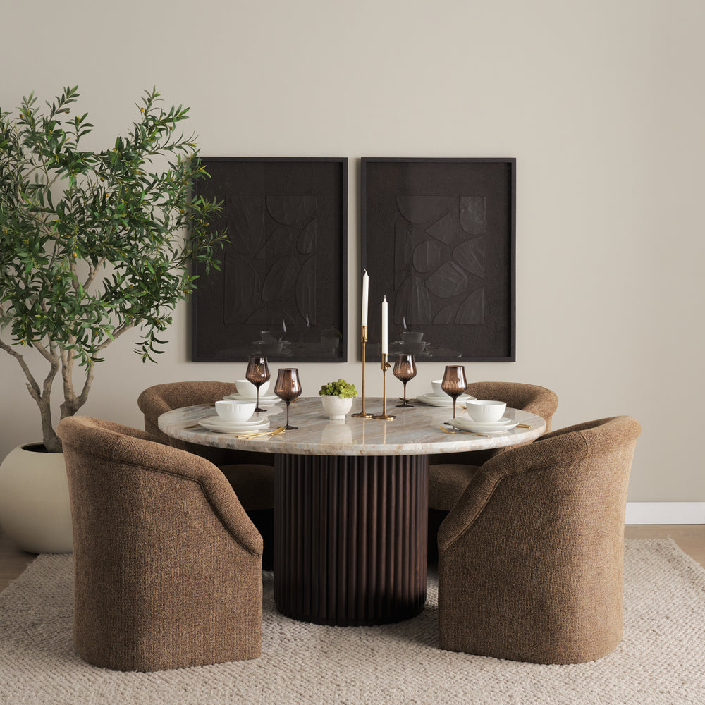 Marbrello 60" Round Dining Table | Pink Marble & Espresso Brown Wood | Seats 6