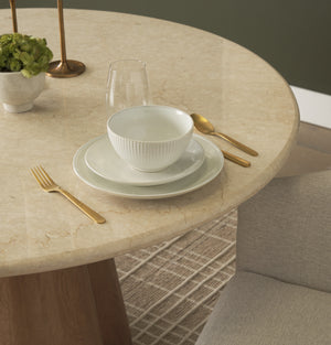 Marilyn 48" Round Pedestal Dining Table | Botticino Marble & Light Brown Wood | Seats 4