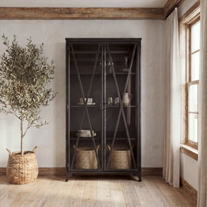 73.8" Industrial Black Metal Curio Cabinet with Glass Doors