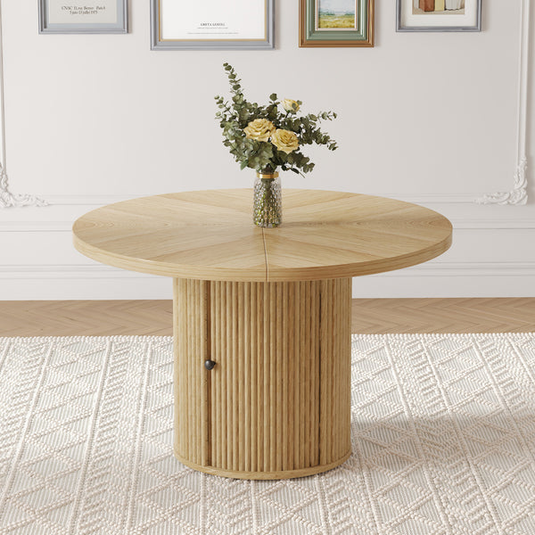 47.2-inch round wooden-style dining table with double-layer storage design and Roman column shape - featuring classic wood grain finish, it creates an eternal and elegant atmosphere for your living