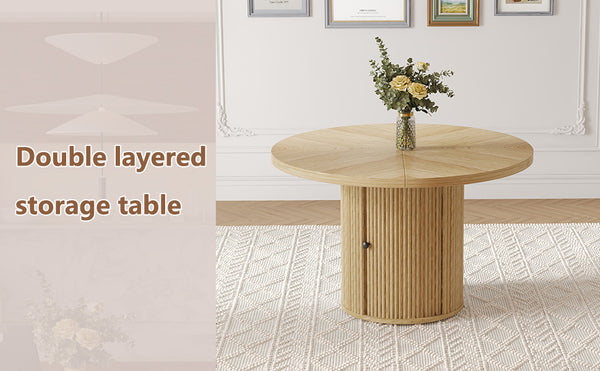 47.2-inch round wooden-style dining table with double-layer storage design and Roman column shape - featuring classic wood grain finish, it creates an eternal and elegant atmosphere for your living