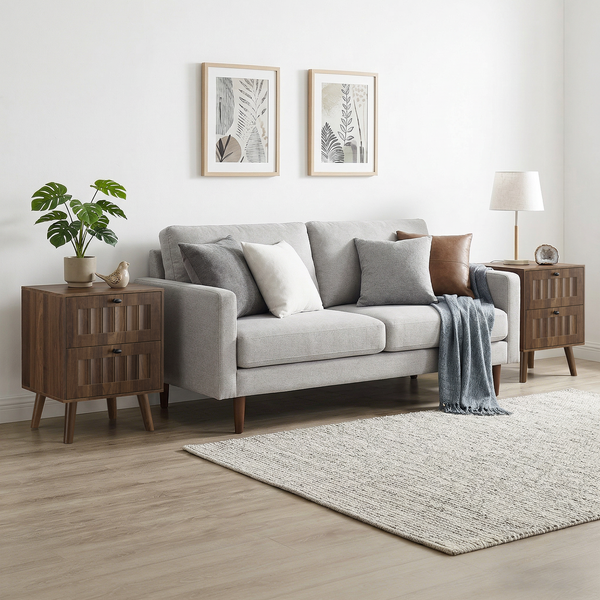 Medieval-style modern double-drawer bedside table with solid wood legs, bedroom bedside table, bedroom side table, 15.75 x 15.75 x 22.64 inches, walnut color, 2-pack