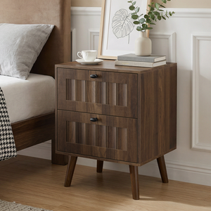 Medieval-style modern double-drawer bedside table with solid wood legs, bedroom bedside table, bedroom side table, 15.75 x 15.75 x 22.64 inches, walnut color, 2-pack