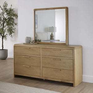 Natural Oak 6-Drawer Dresser with Mirror | Modern Wood Bedroom Double Dresser
