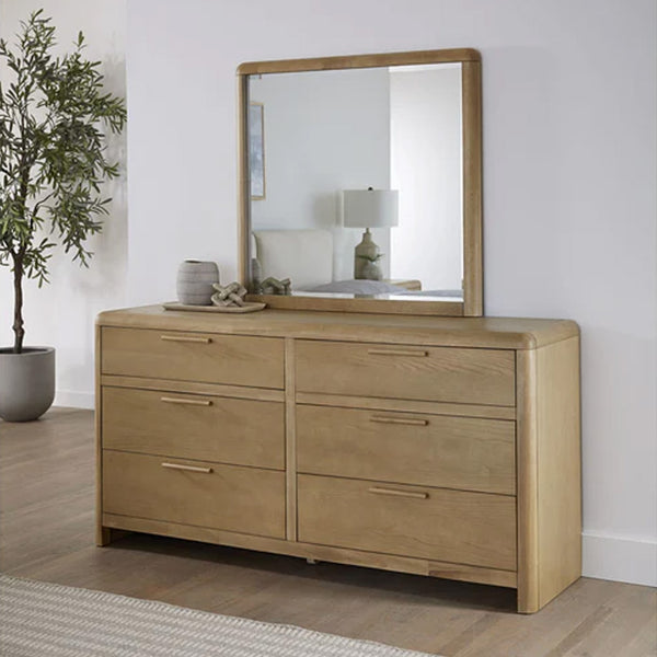 Natural Oak 6-Drawer Dresser with Mirror | Modern Wood Bedroom Double Dresser