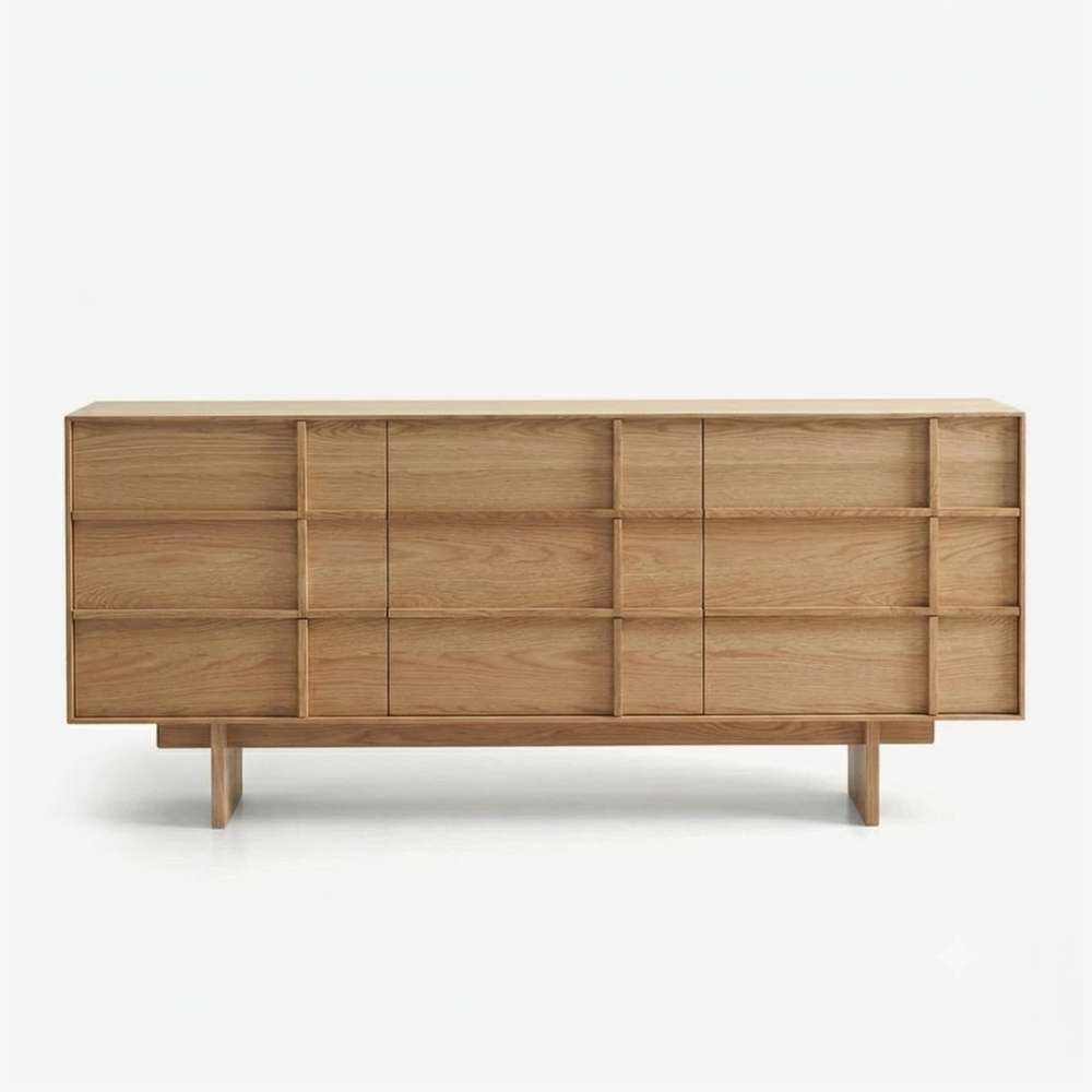 Mid-Century Modern Walnut Wide Dresser with Geometric Drawer Fronts