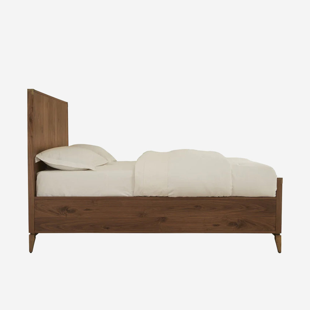 Mid-Century Modern Walnut Platform Bed with Metal Accents – Solid Wood Headboard