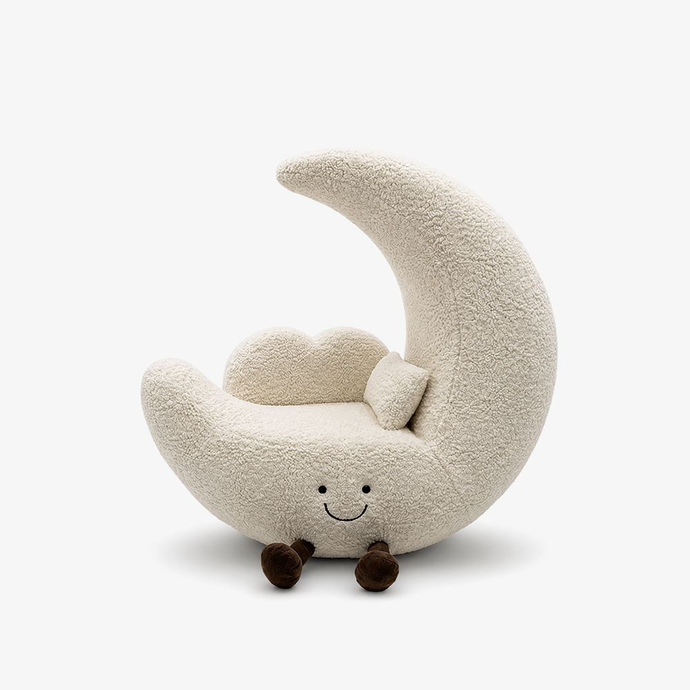 Whimsical Crescent Moon Accent Chair – Fluffy Sherpa Kids Reading Sofa – Kawaii Smiley Moon Lounge Seating for Nursery