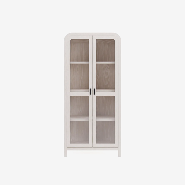 Modern Glass Door Display Cabinet | Ash Wood Bookcase with Adjustable Shelves
