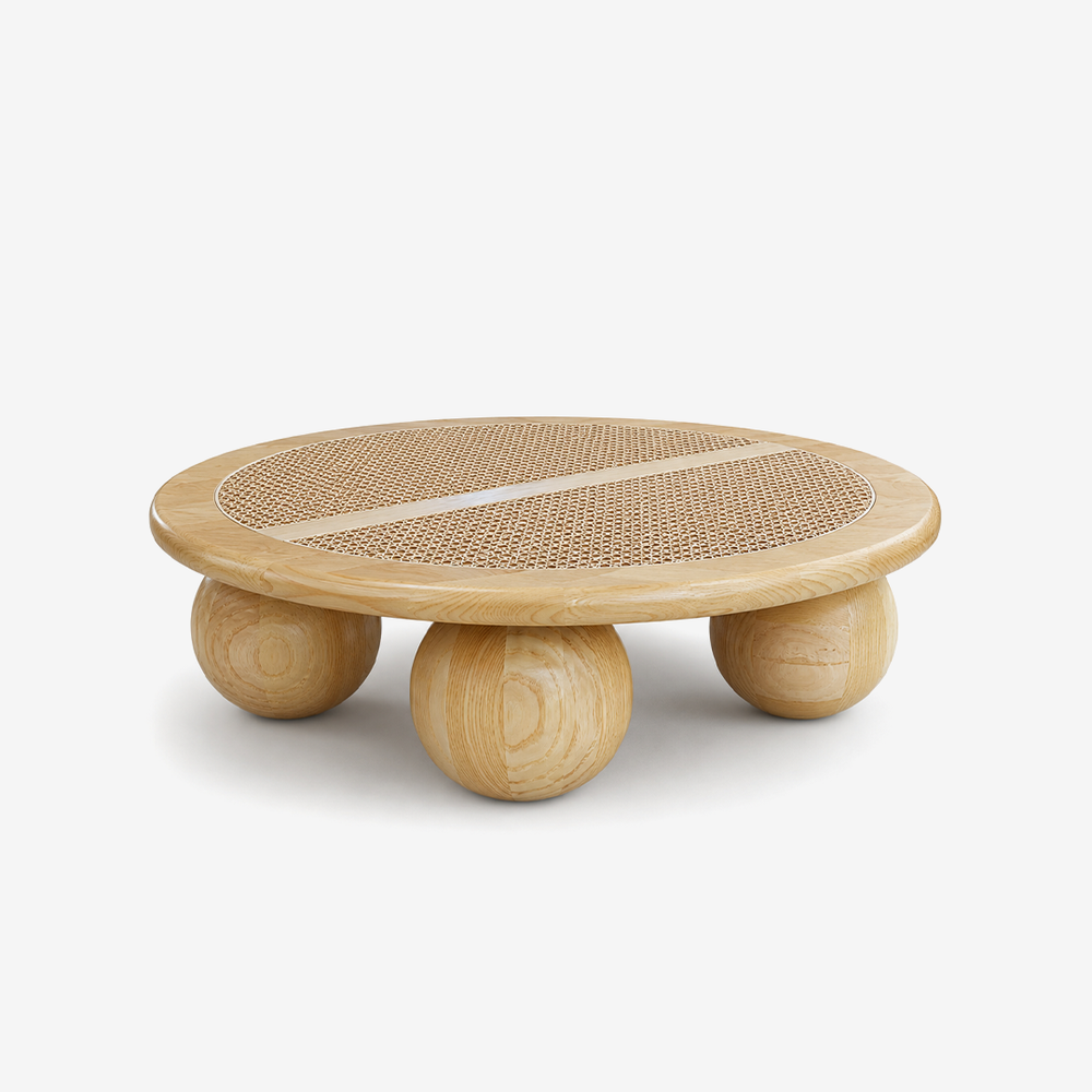 Modern Round Wood & Cane Coffee Table with Sphere Base – Japandi Center Table