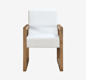 Modern Solid Wood Dining Armchair with White Linen Upholstery