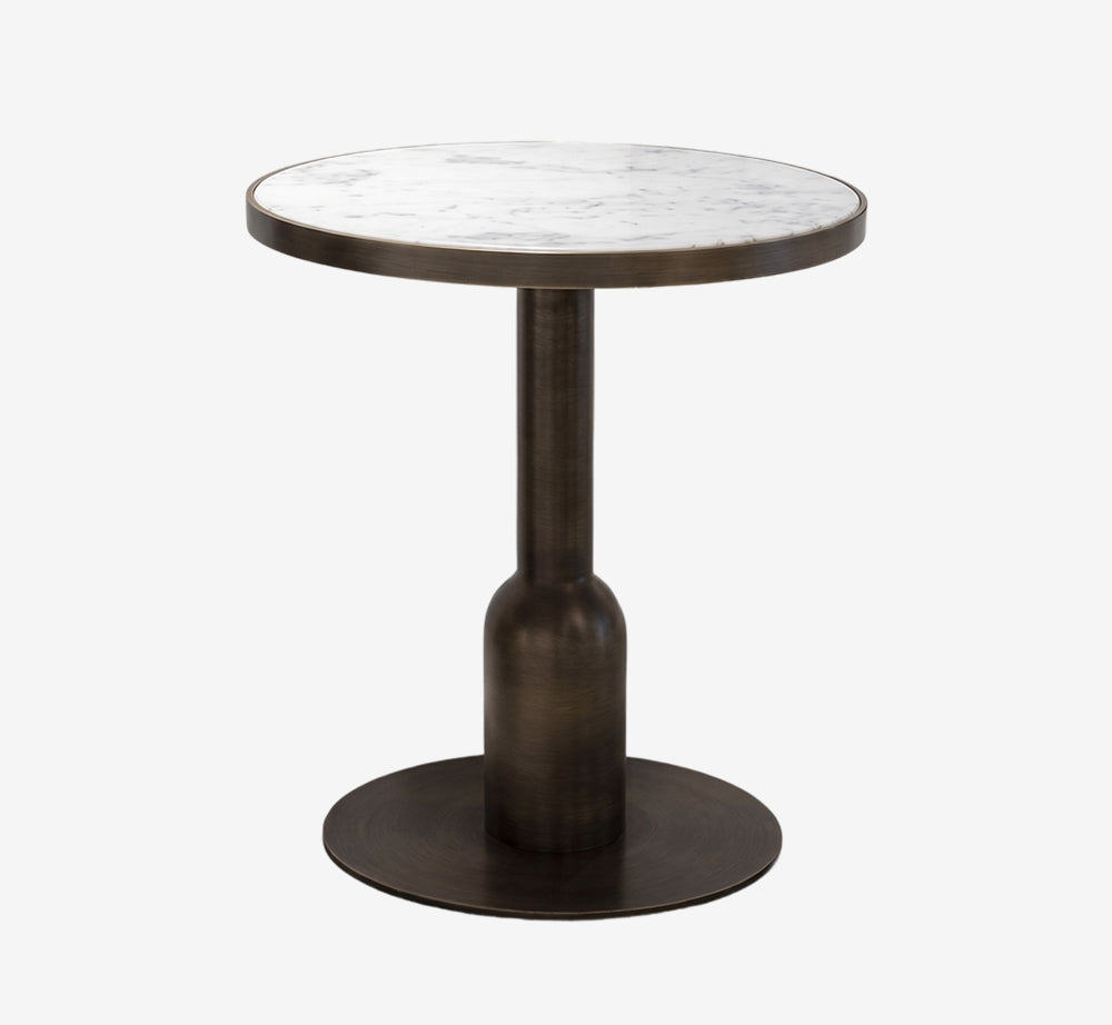 Modern Round Marble Side Table with Brushed Bronze Pedestal Base - Sculptural Minimalist End Table - Luxury Circular Accent Table for Living Room & Bedroom