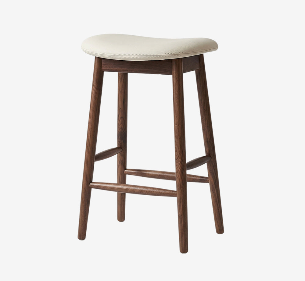Mid-Century Modern Upholstered Walnut Bar Stool with Contoured Beige Seat