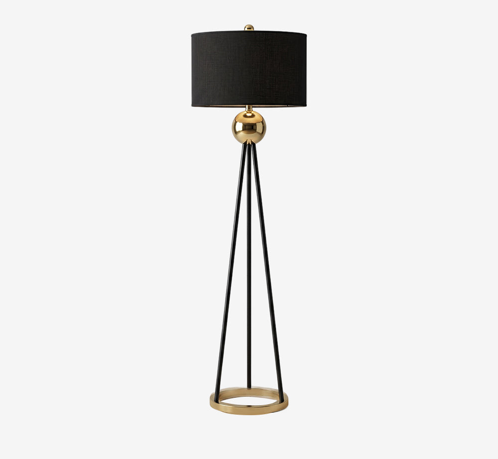 Modern Tripod Floor Lamp with Black Fabric Drum Shade – Gold Sphere Accent Standing Light – Contemporary Brass & Black Standing Lamp