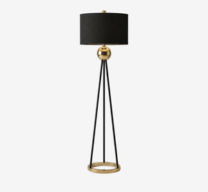 Modern Tripod Floor Lamp with Black Fabric Drum Shade – Gold Sphere Accent Standing Light – Contemporary Brass & Black Standing Lamp