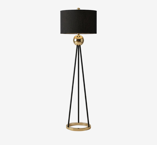 Modern Tripod Floor Lamp with Black Fabric Drum Shade – Gold Sphere Accent Standing Light – Contemporary Brass & Black Standing Lamp